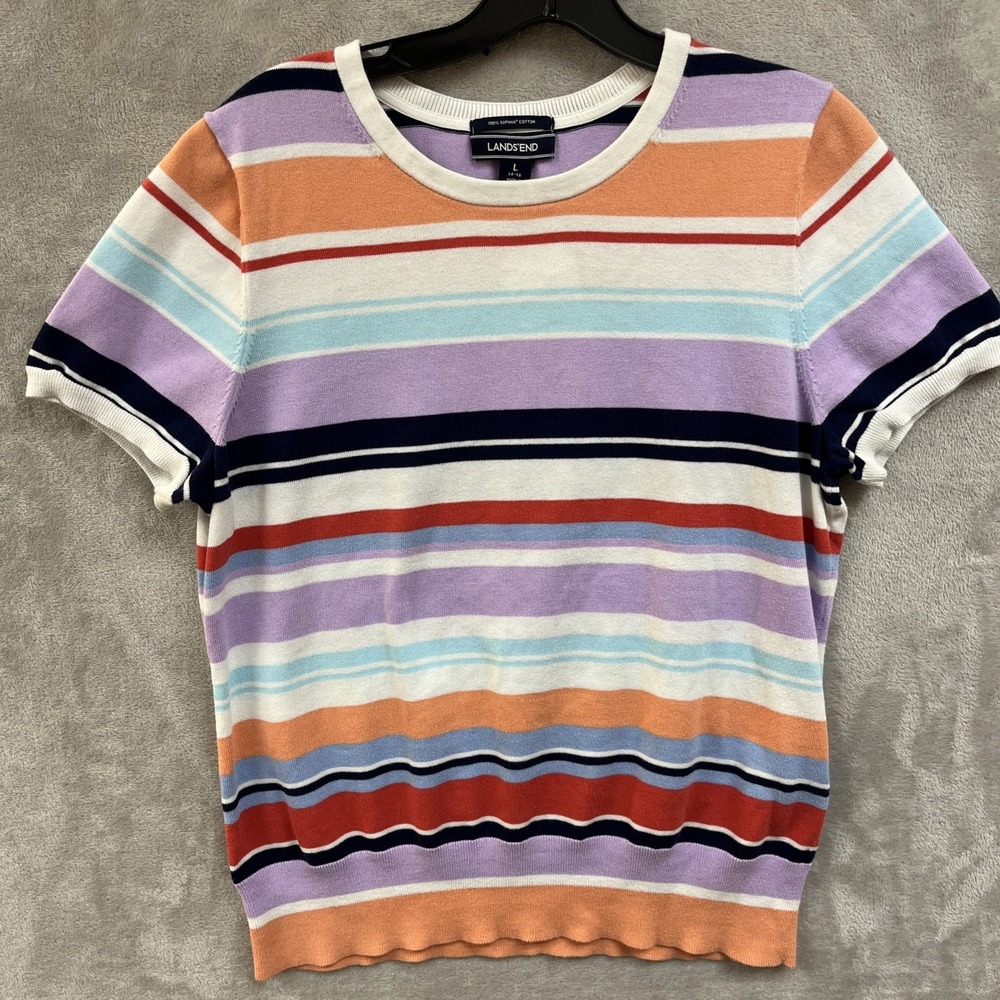 Lands' End Knit Top Women's L 14-16 Rainbow Colorful Striped 100% Supima Cotton
